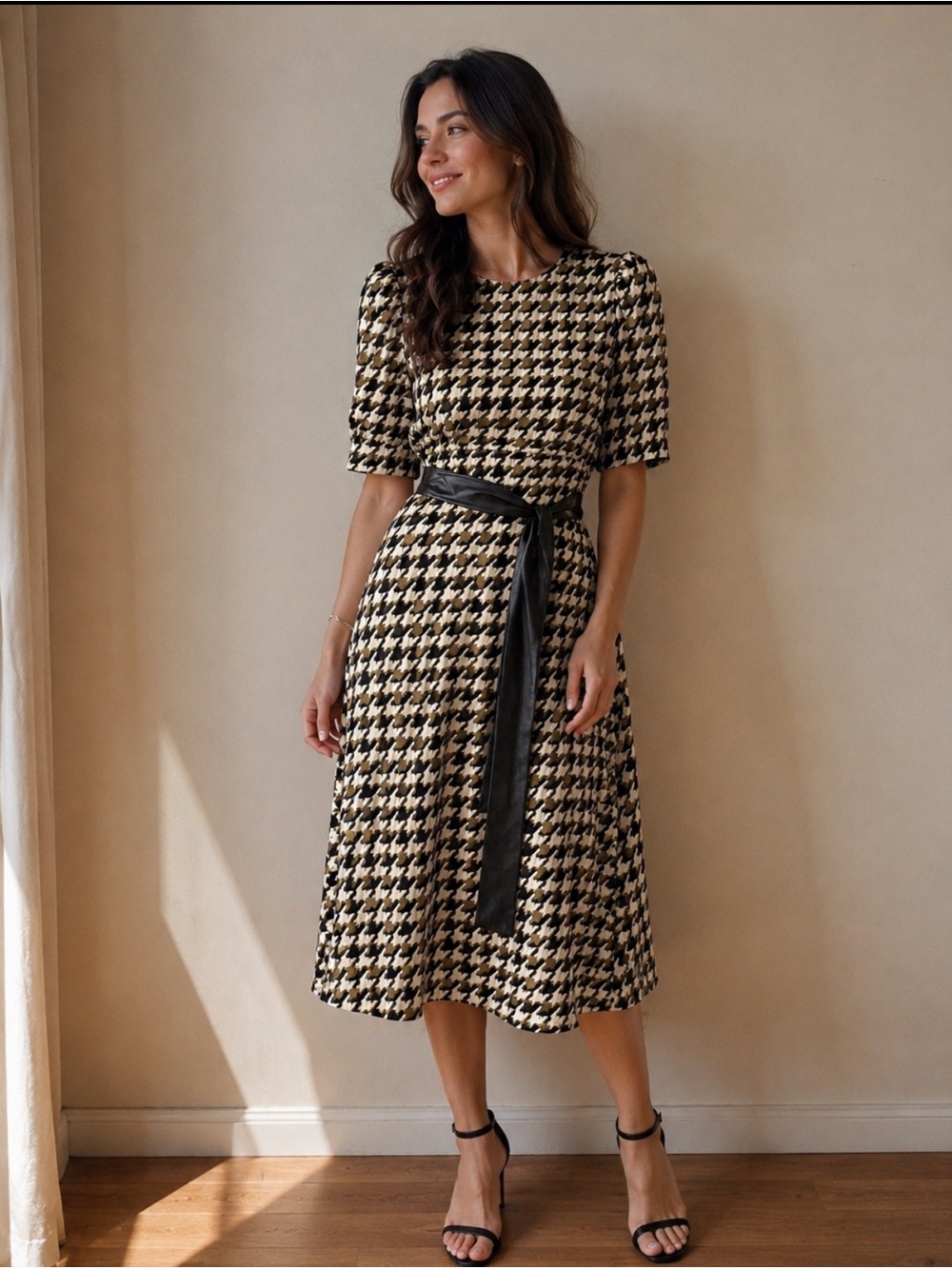 Emma & Michele Black and Cream Houndstooth Midi Dress with Waist Sash
